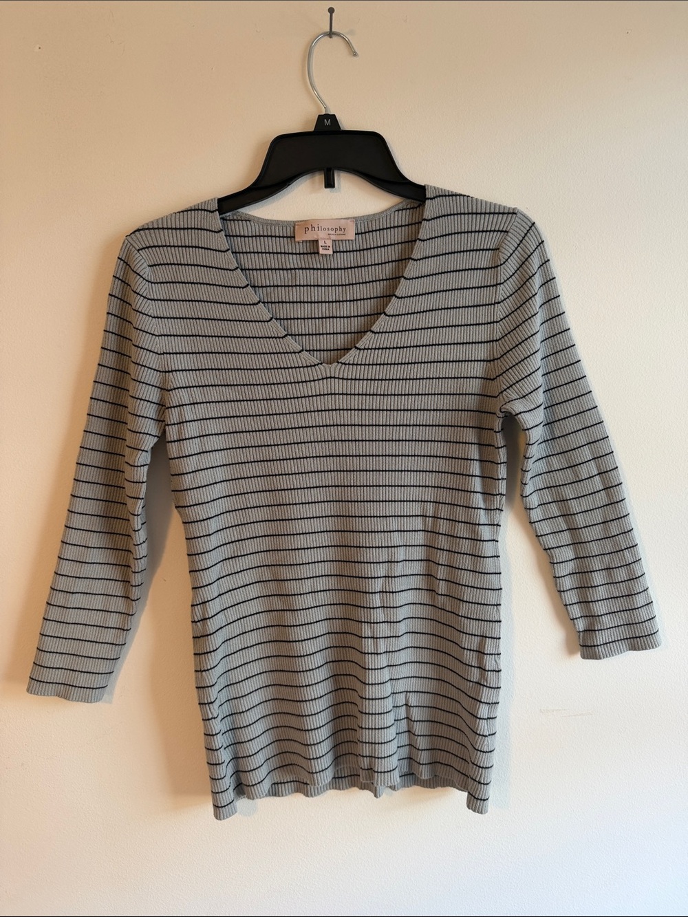 Philosophy Ribbed V‑Neck Long Sleeve Top in Light Gray and Black Stripes